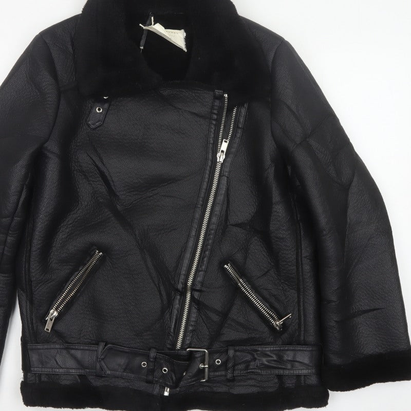 Zara Women Black UK 12 Faux Leather Biker Jacket Faux Fur Belted