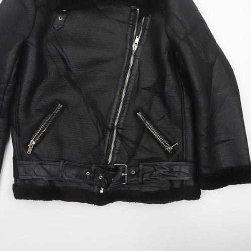 Zara Women Black UK 12 Faux Leather Biker Jacket Faux Fur Belted