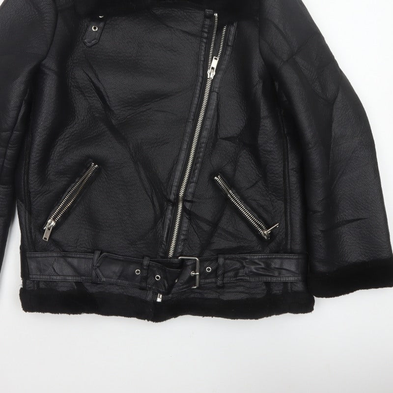 Zara Women Black UK 12 Faux Leather Biker Jacket Faux Fur Belted