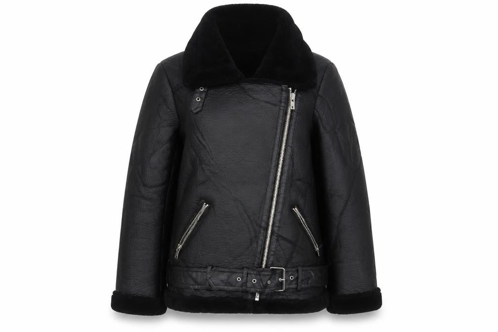 Zara Women Black UK 12 Faux Leather Biker Jacket Faux Fur Belted