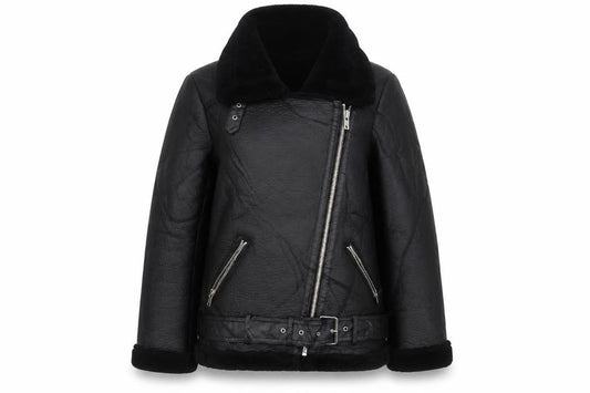 Zara Women Black UK 12 Faux Leather Biker Jacket Faux Fur Belted