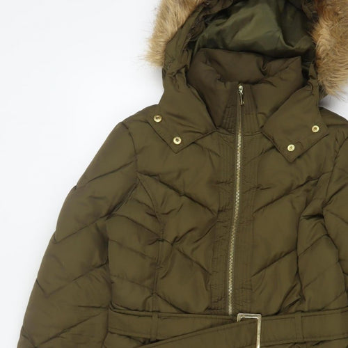 Oasis Women Green UK 12 Puffer Parka Faux Fur Hood Belted Coat