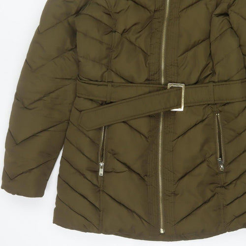Oasis Women Green UK 12 Puffer Parka Faux Fur Hood Belted Coat