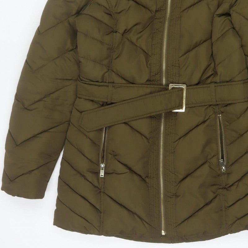 Oasis Women Green UK 12 Puffer Parka Faux Fur Hood Belted Coat