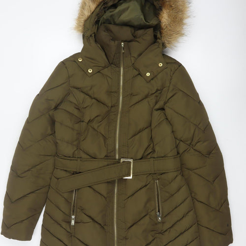 Oasis Women Green UK 12 Puffer Parka Faux Fur Hood Belted Coat