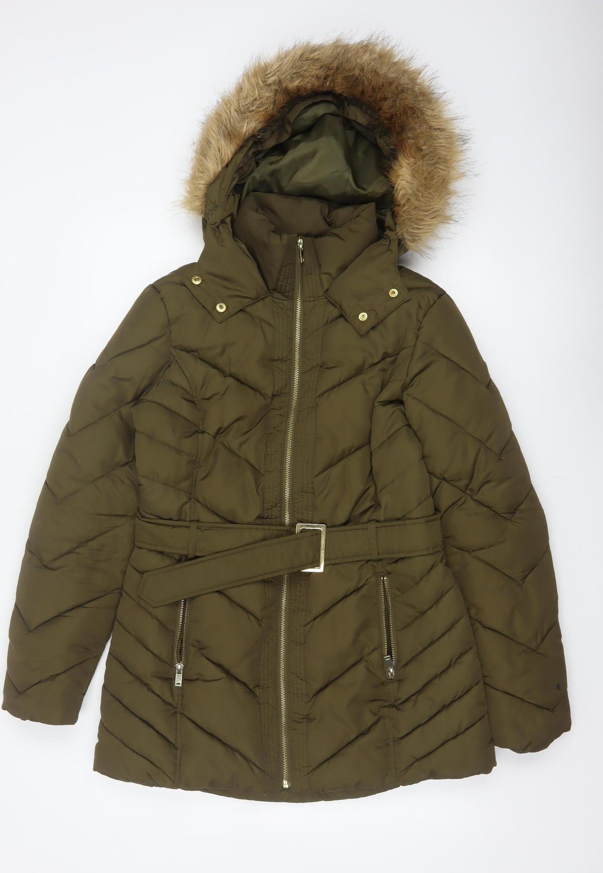 Oasis Women Green UK 12 Puffer Parka Faux Fur Hood Belted Coat