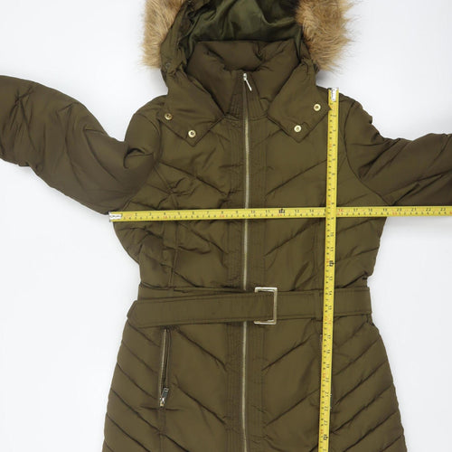Oasis Women Green UK 12 Puffer Parka Faux Fur Hood Belted Coat