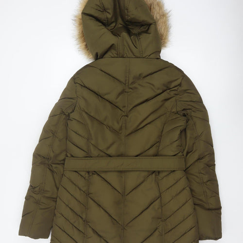 Oasis Women Green UK 12 Puffer Parka Faux Fur Hood Belted Coat