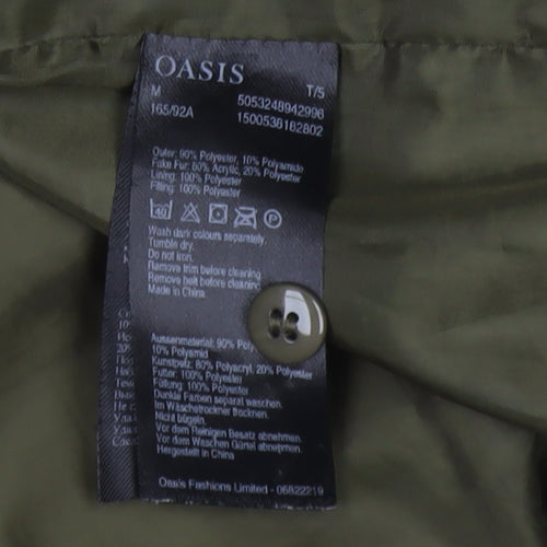 Oasis Women Green UK 12 Puffer Parka Faux Fur Hood Belted Coat