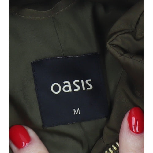 Oasis Women Green UK 12 Puffer Parka Faux Fur Hood Belted Coat