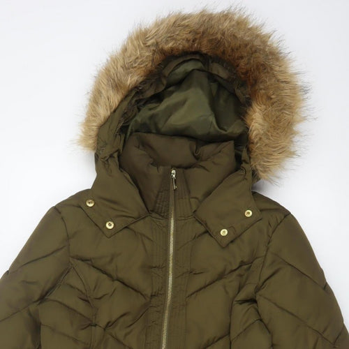 Oasis Women Green UK 12 Puffer Parka Faux Fur Hood Belted Coat