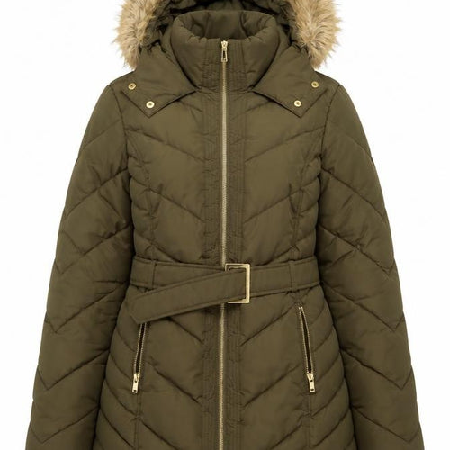 Oasis Women Green UK 12 Puffer Parka Faux Fur Hood Belted Coat