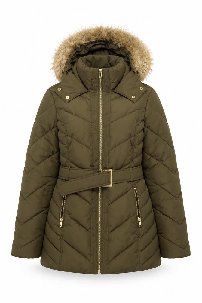 Oasis Women Green UK 12 Puffer Parka Faux Fur Hood Belted Coat