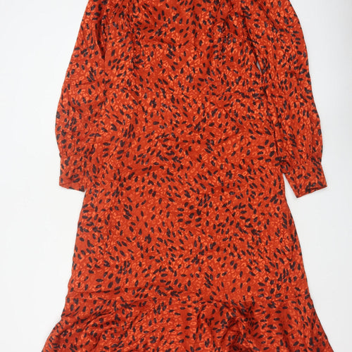 Hobbs Women Orange Animal Print Fit & Flare Long Sleeve Dress UK 14