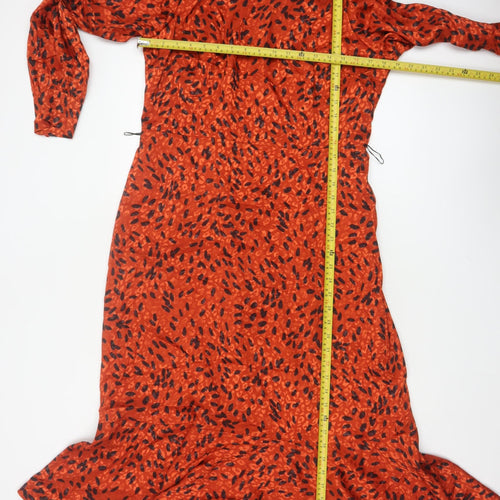 Hobbs Women Orange Animal Print Fit & Flare Long Sleeve Dress UK 14