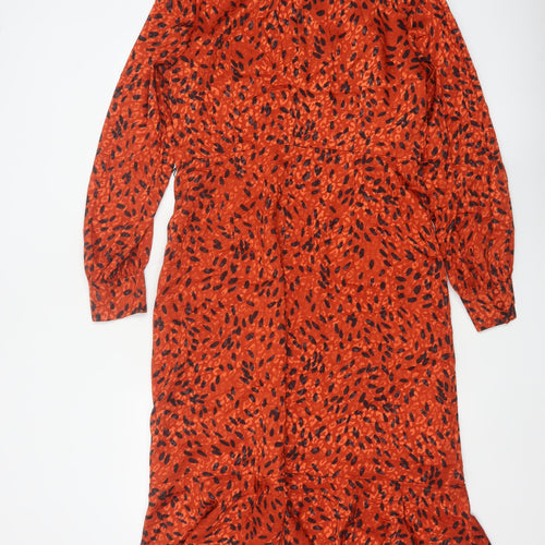 Hobbs Women Orange Animal Print Fit & Flare Long Sleeve Dress UK 14