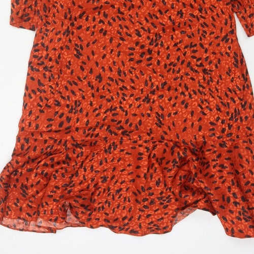 Hobbs Women Orange Animal Print Fit & Flare Long Sleeve Dress UK 14