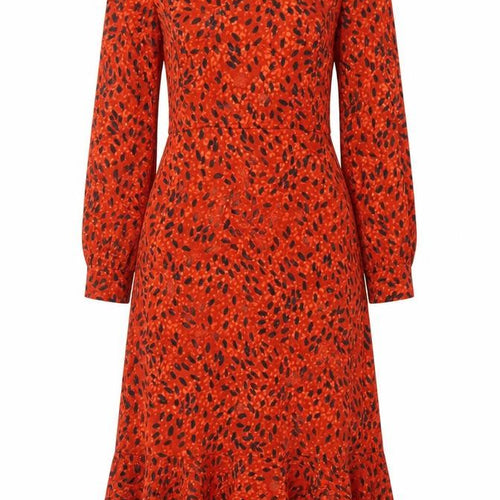 Hobbs Women Orange Animal Print Fit & Flare Long Sleeve Dress UK 14