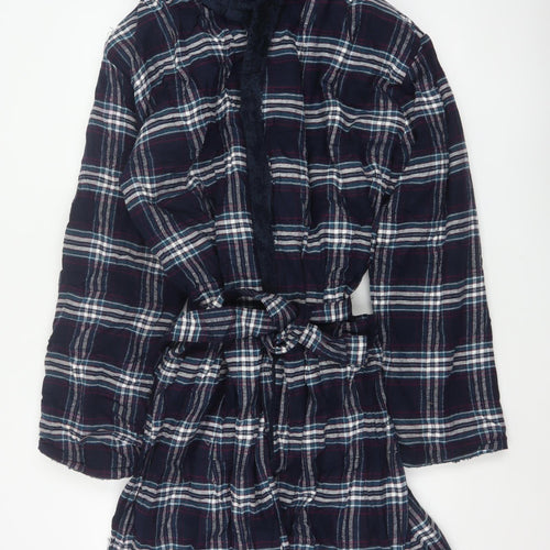 Marks and Spencer Men Blue Plaid Hooded Cotton Flannel Robe Large