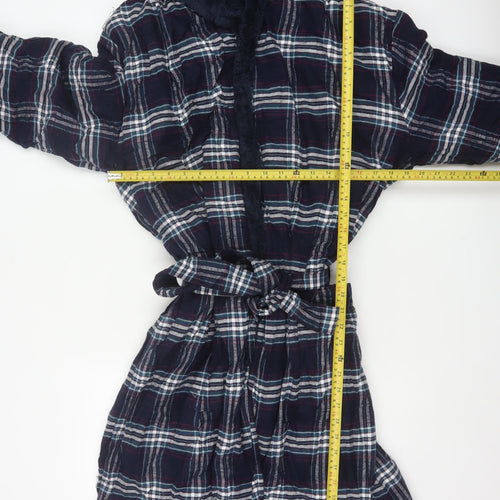 Marks and Spencer Men Blue Plaid Hooded Cotton Flannel Robe Large