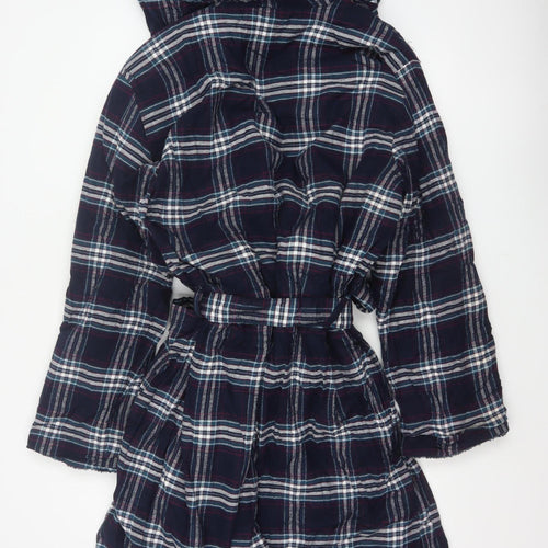 Marks and Spencer Men Blue Plaid Hooded Cotton Flannel Robe Large
