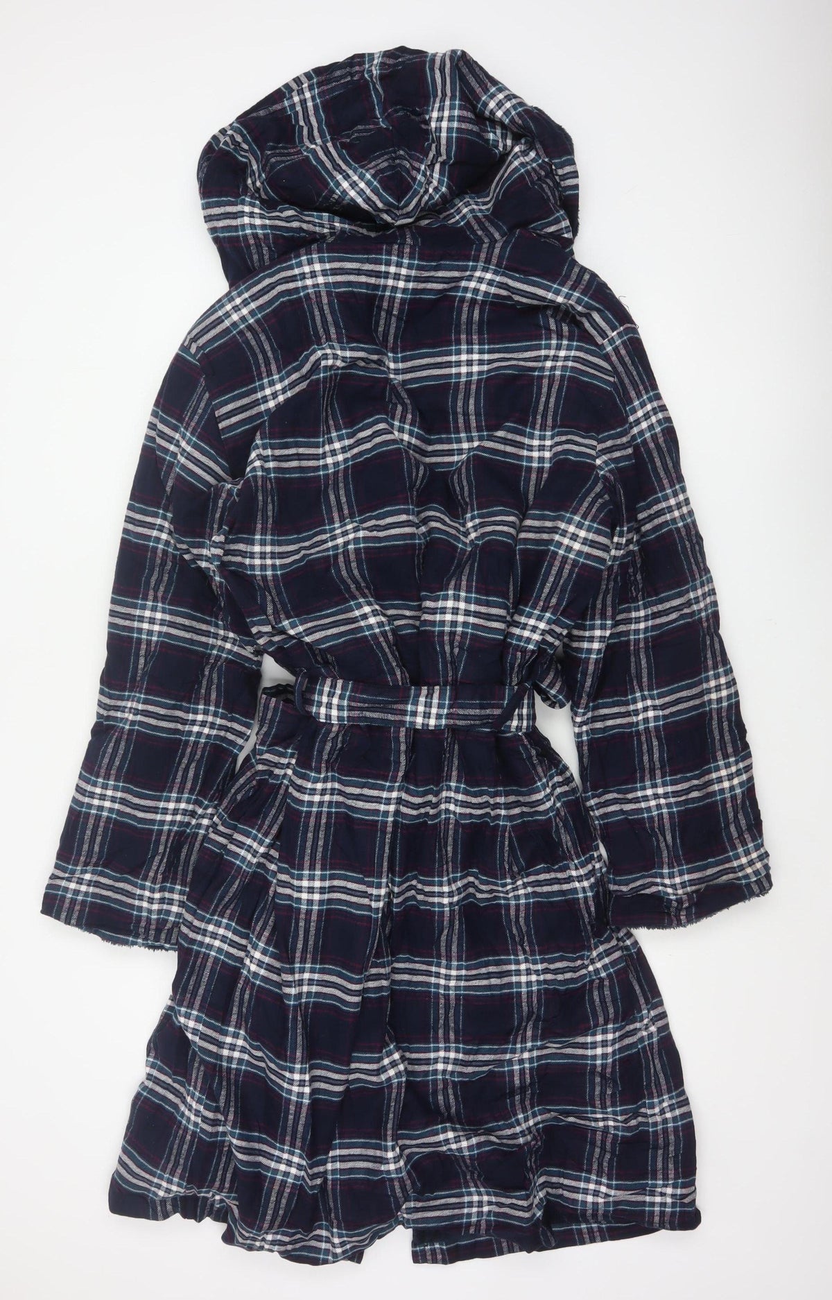 Marks and Spencer Men Blue Plaid Hooded Cotton Flannel Robe Large