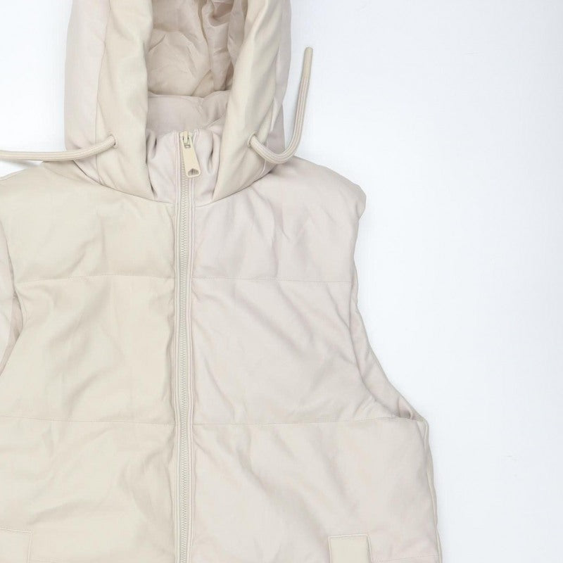 Primark Women Ivory S Long Hooded Padded Faux Leather Waistcoat