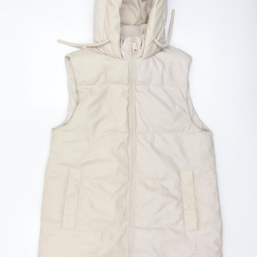 Primark Women Ivory S Long Hooded Padded Faux Leather Waistcoat