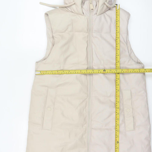 Primark Women Ivory S Long Hooded Padded Faux Leather Waistcoat