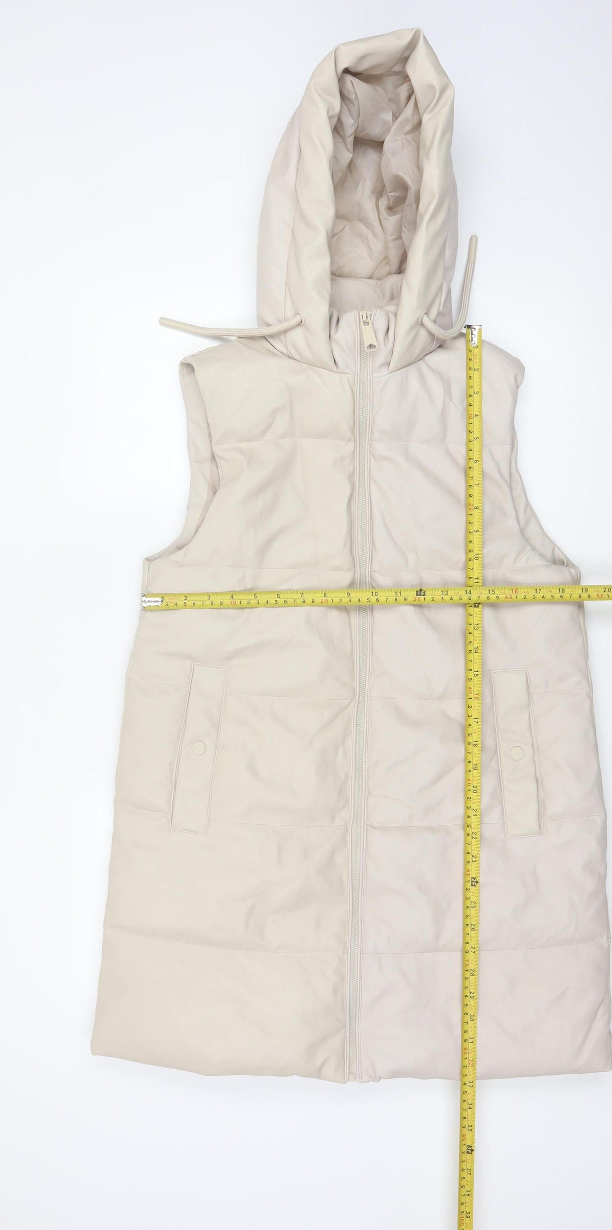 Primark Women Ivory S Long Hooded Padded Faux Leather Waistcoat