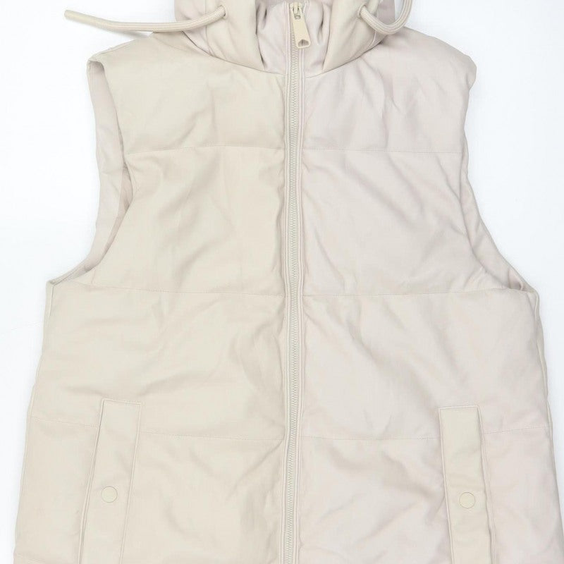 Primark Women Ivory S Long Hooded Padded Faux Leather Waistcoat