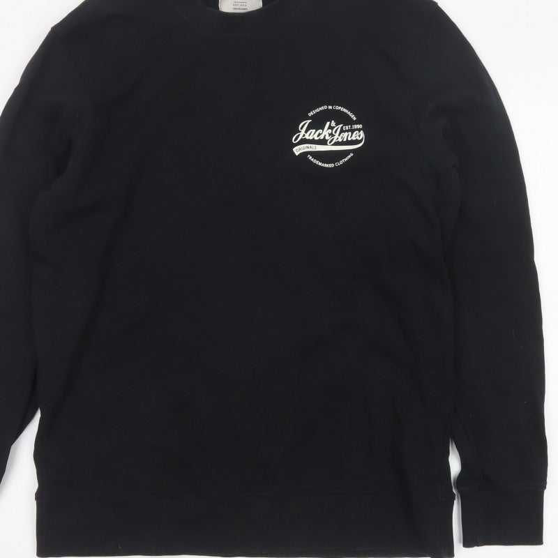 Jack & Jones Men’s Black L Pullover Crew Neck Logo Cotton Sweatshirt