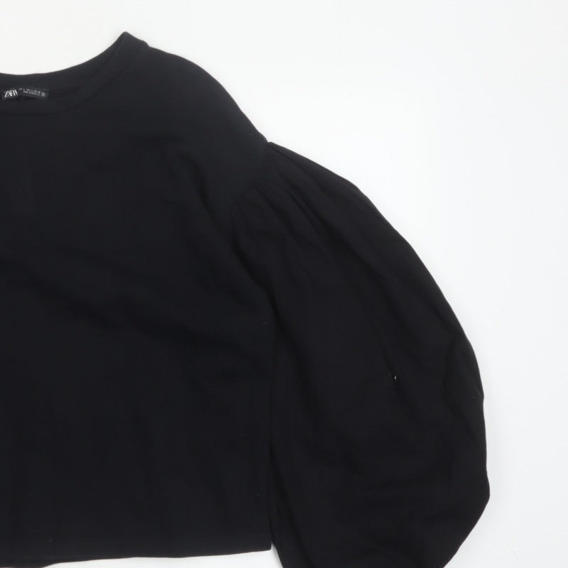 Zara Women Black L Cropped Puff Balloon Sleeve Blouse
