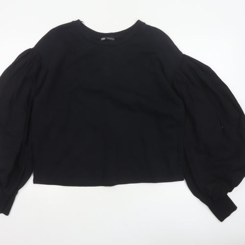 Zara Women Black L Cropped Puff Balloon Sleeve Blouse