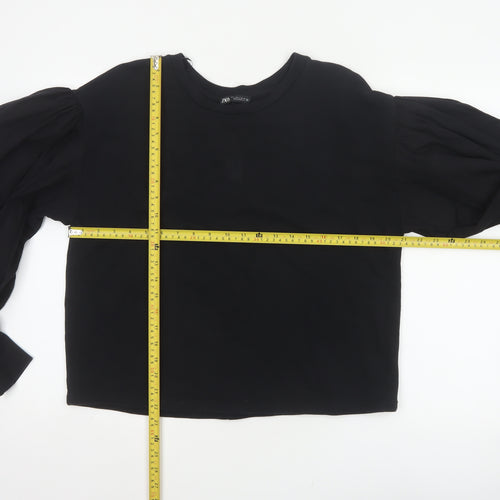 Zara Women Black L Cropped Puff Balloon Sleeve Blouse