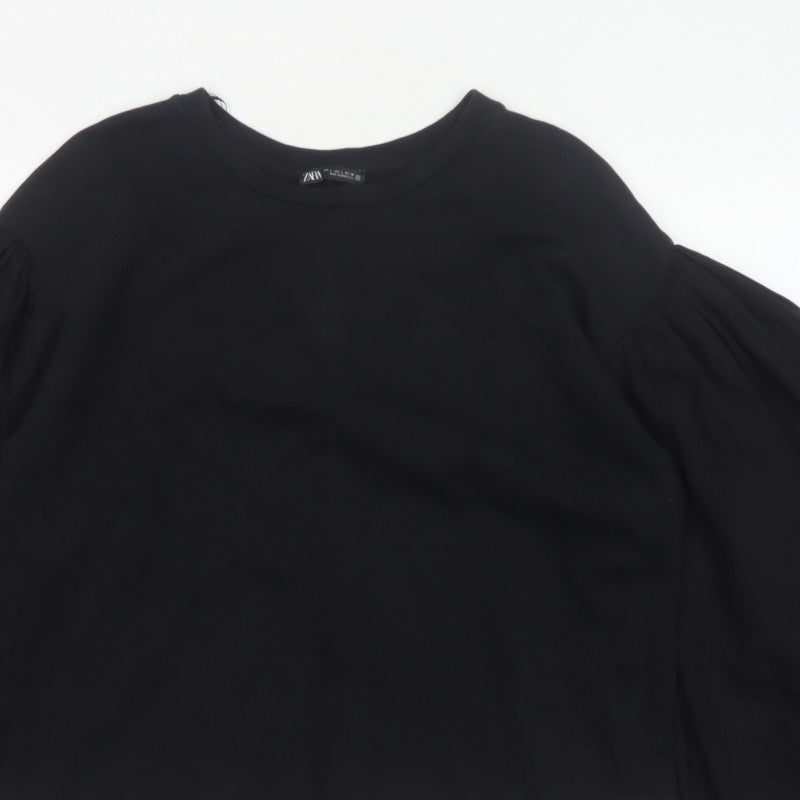 Zara Women Black L Cropped Puff Balloon Sleeve Blouse