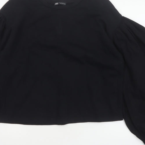 Zara Women Black L Cropped Puff Balloon Sleeve Blouse