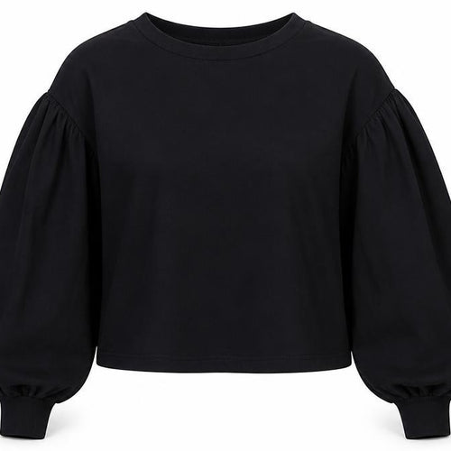 Zara Women Black L Cropped Puff Balloon Sleeve Blouse