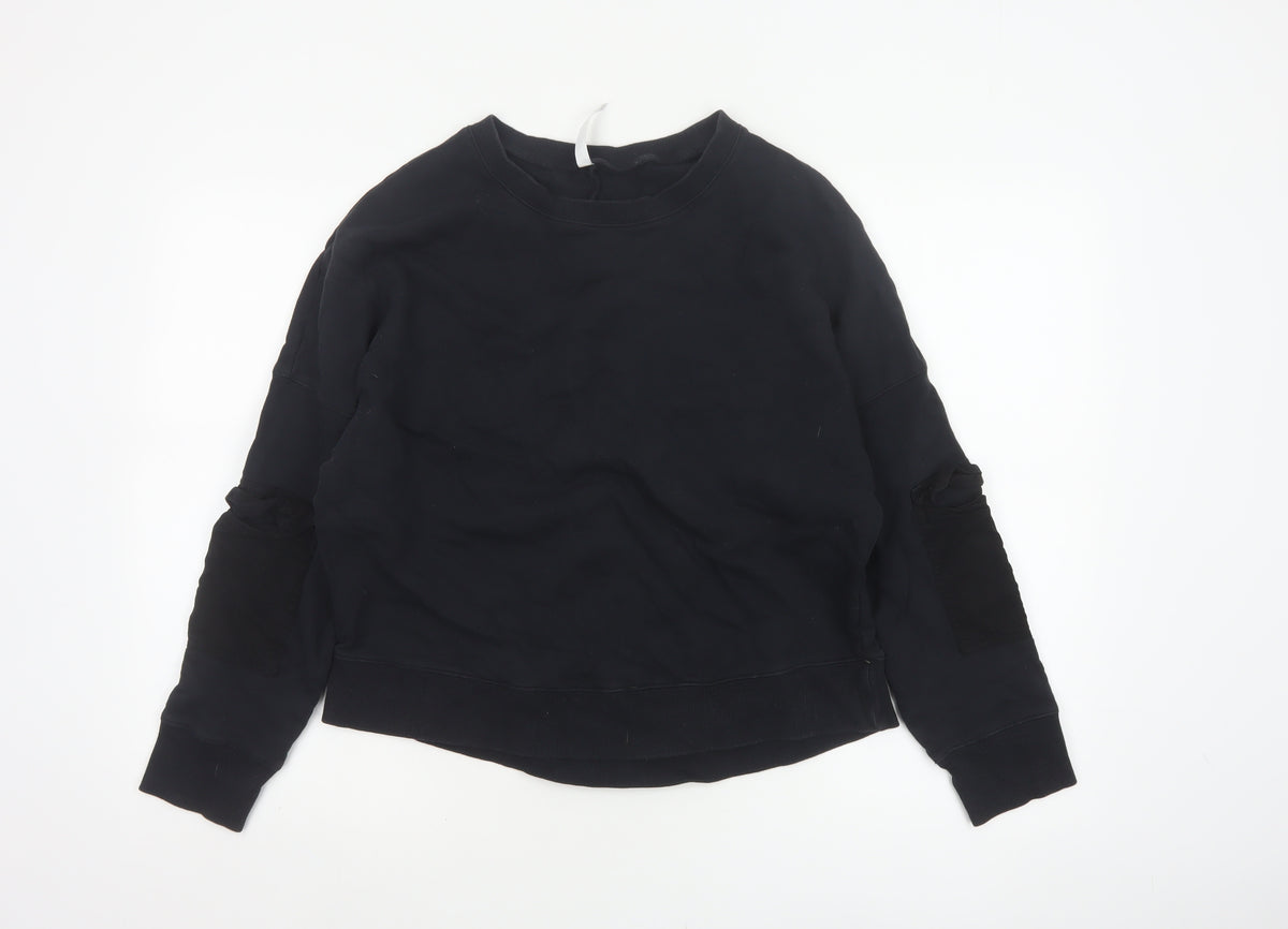 Back view of Fabletics Women’s Black M Crew Neck Pullover Sweatshirt Zip Sleeve Pockets