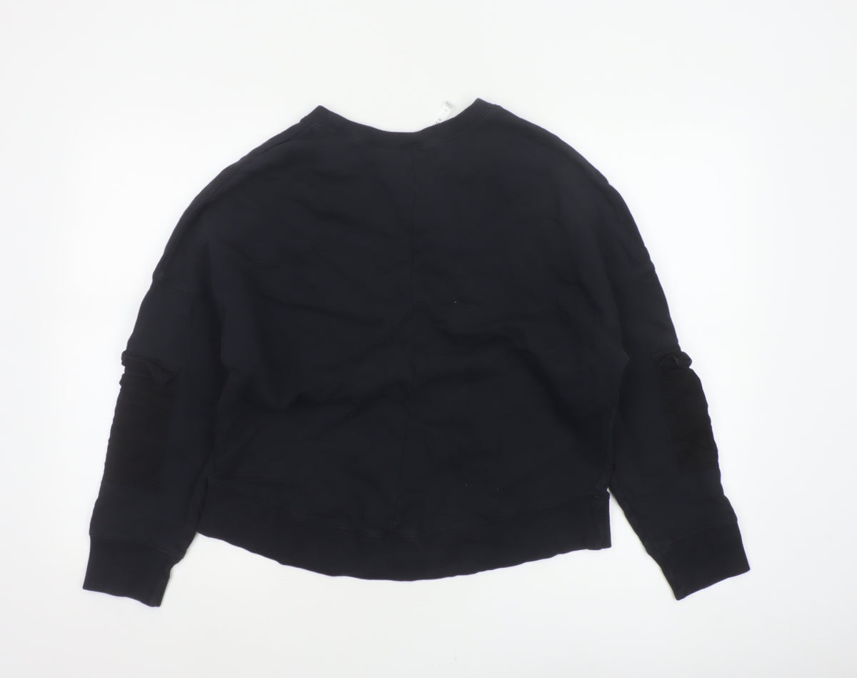 Brand and care label for Fabletics Women’s Black M Crew Neck Pullover Sweatshirt Zip Sleeve Pockets