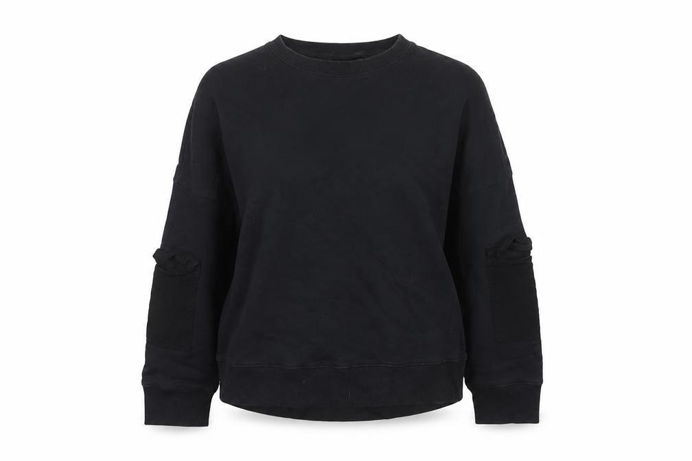 Front view of Fabletics Women’s Black M Crew Neck Pullover Sweatshirt Zip Sleeve Pockets