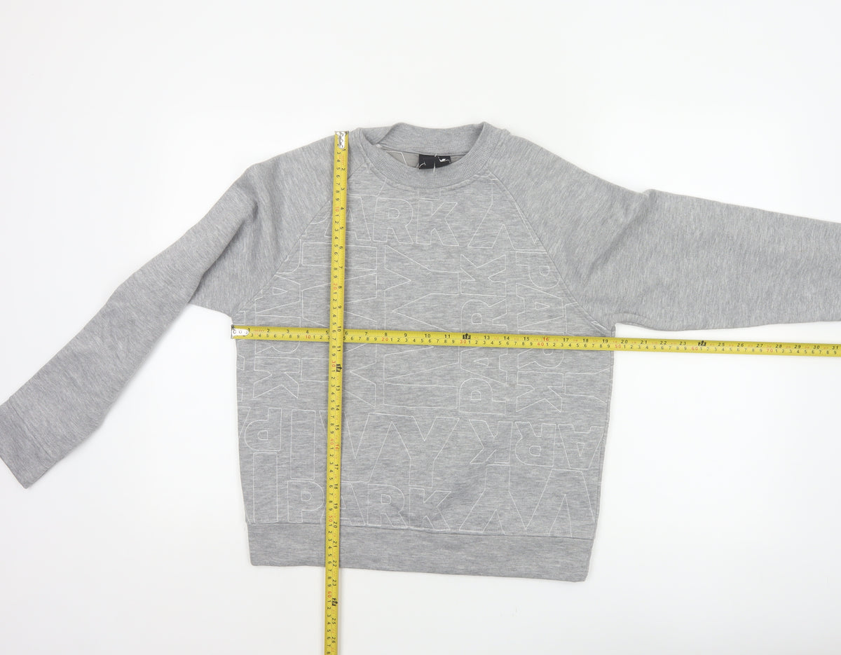 Close-up detail of Ivy Park Women Grey XS Logo Print Raglan Crew Neck Pullover Sweatshirt