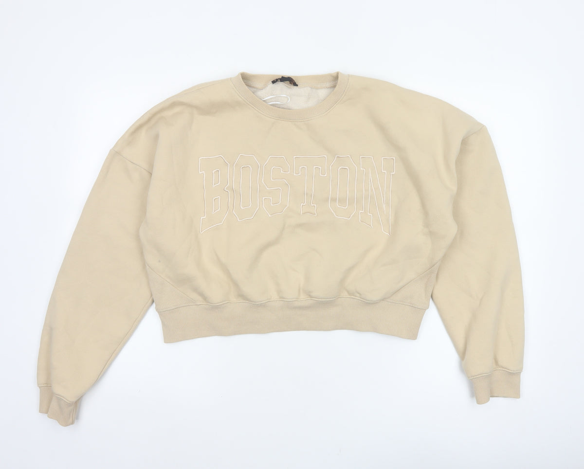 Back view of Pink Vanilla Women’s Beige L Boston Embroidered Oversized Sweatshirt