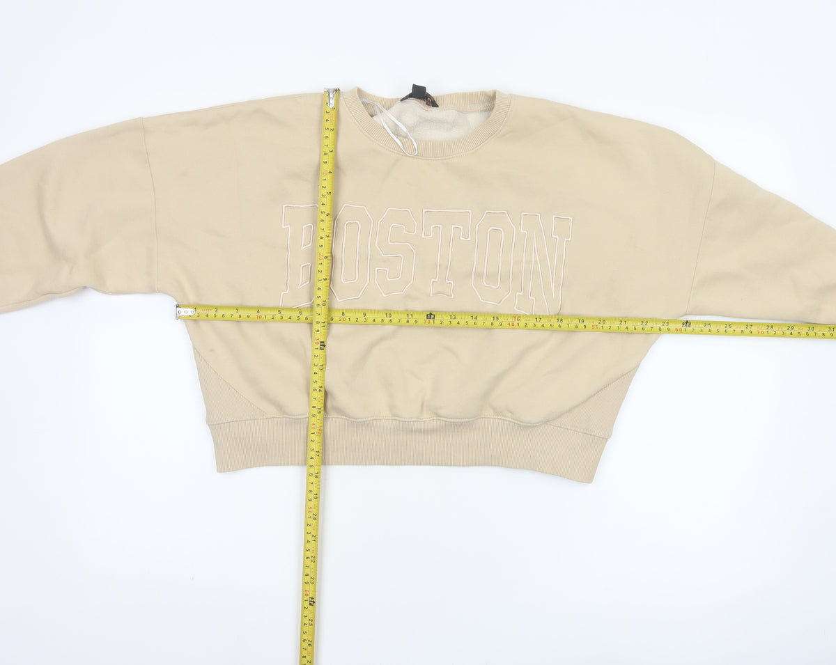 Close-up detail of Pink Vanilla Women’s Beige L Boston Embroidered Oversized Sweatshirt