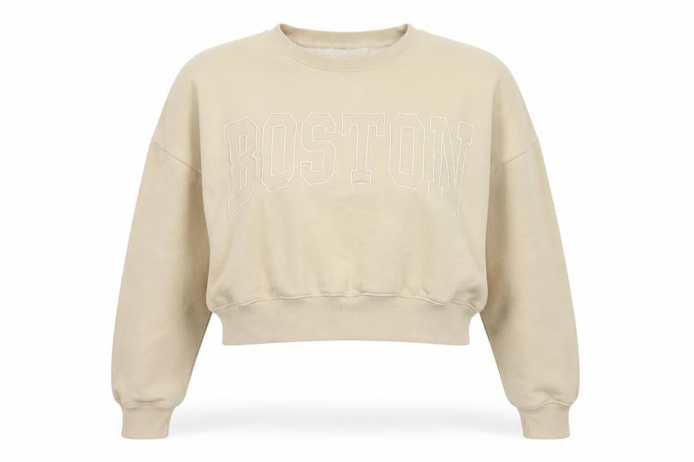Front view of Pink Vanilla Women’s Beige L Boston Embroidered Oversized Sweatshirt