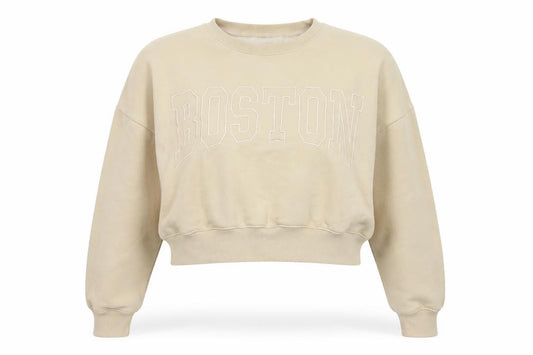 Front view of Pink Vanilla Women’s Beige L Boston Embroidered Oversized Sweatshirt