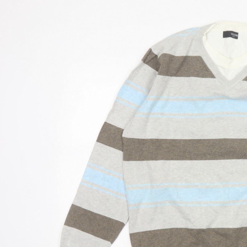 Next Men’s Grey Blue Brown Striped V-Neck Pullover Jumper Large
