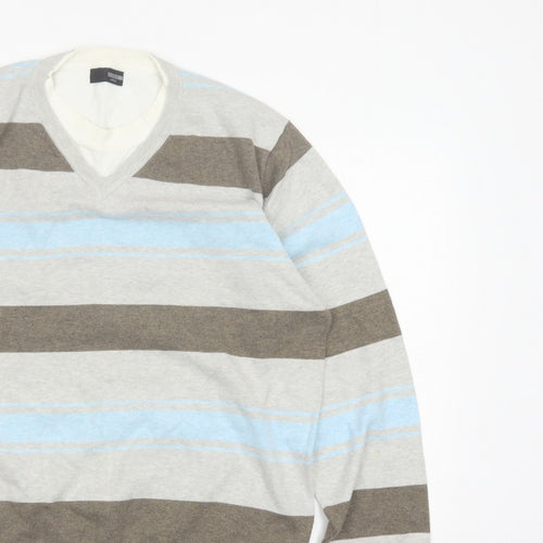 Next Men’s Grey Blue Brown Striped V-Neck Pullover Jumper Large