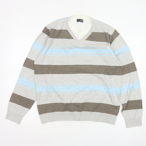 Next Men’s Grey Blue Brown Striped V-Neck Pullover Jumper Large