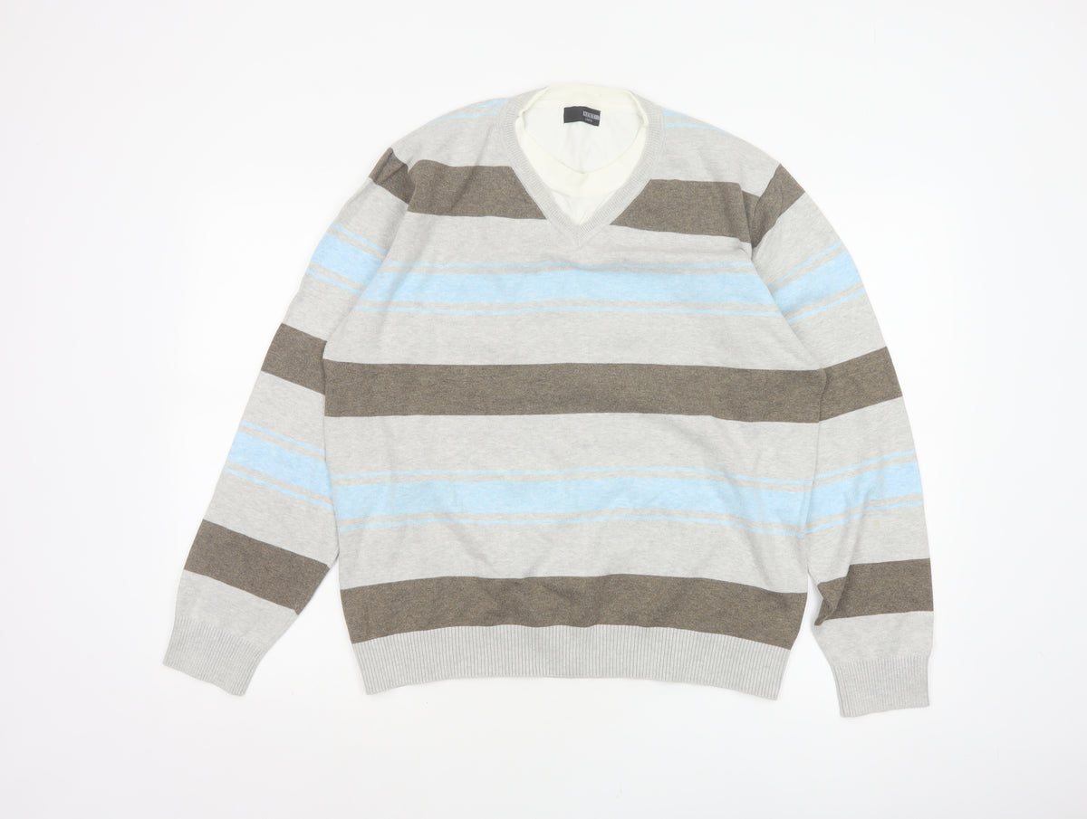Next Men’s Grey Blue Brown Striped V-Neck Pullover Jumper Large